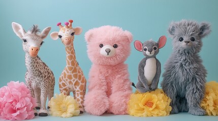 Obraz premium Cute stuffed animals, giraffe, bear, mouse, and gray animal, posed against a pastel backdrop