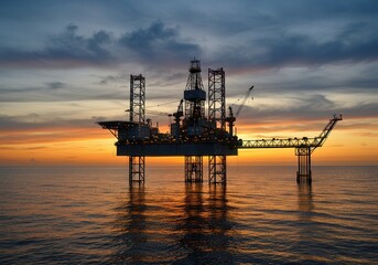 Obraz premium Offshore oil rig platform silhouette at sunset over the ocean water