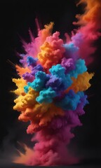 Swirling cloud of multicolored powder explodes on a deep black backdrop; intense color and motion are prominent ,  vibrant,  motion,  multicolored