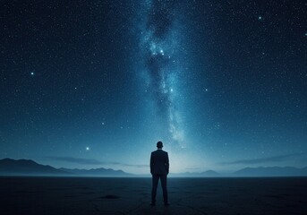Fototapeta premium Man in suit stands beneath a vast starry night sky, looking upward