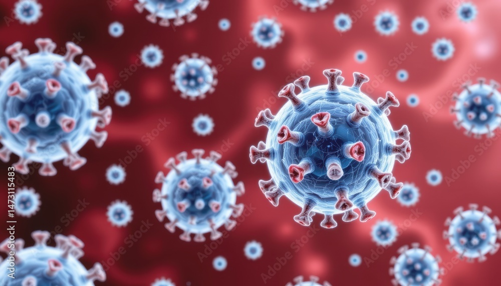 Poster microscopic view of viruses on a red background.