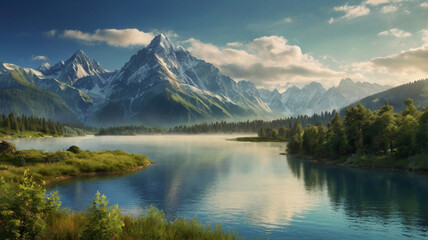 Beautiful summer landscape with a river and a tree in the foreground