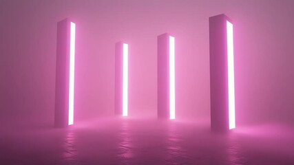 Pink neon pillars in a foggy room. - Powered by Adobe