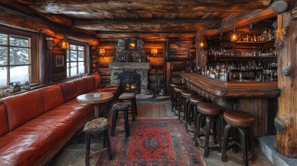 Rustic log cabin bar interior with warm lighting and comfortable seating.