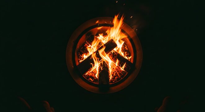 Fire burning logs inside circular fire pit against black background at night