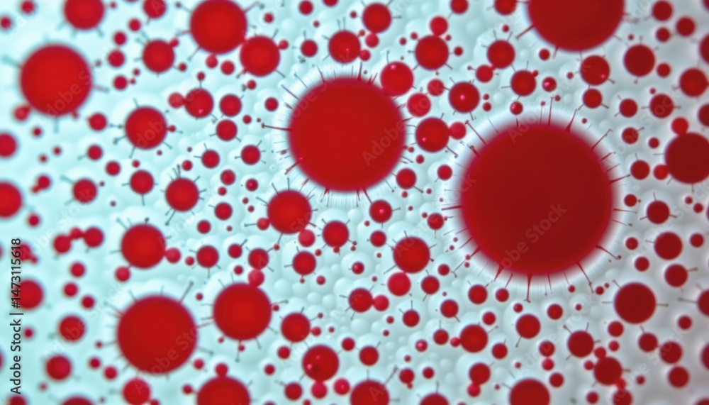 Poster abstract red circles on a light background resembling bubbles or particles.