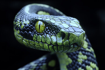 Fototapeta premium Close-up of a vibrant green and black snake with striking yellow eyes against a dark background