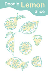 Doodle of lemon slices cut in various shades of pastel color -green and yellow.
