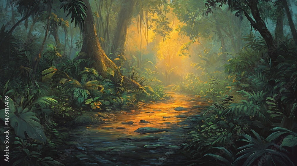 Poster sunlit path through lush, green jungle with a flowing stream.