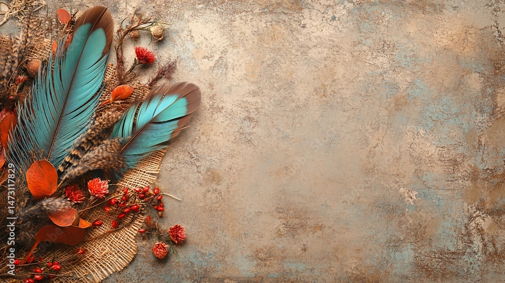Poster teal feathers and autumnal foliage arranged on rustic background with copy space.