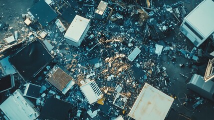 Aerial view of scattered electronic waste, illustrating the problem of e-waste disposal and environmental pollution