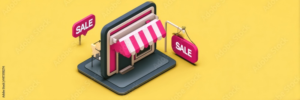 Poster isometric web store interface featuring sale badges and a blank central area for product display