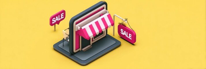 Isometric Web Store Interface Featuring Sale Badges and a Blank Central Area for Product Display