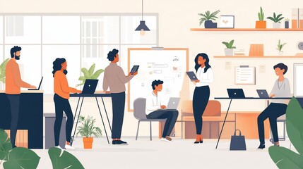 Diverse team collaborating in a modern, plant-filled office.