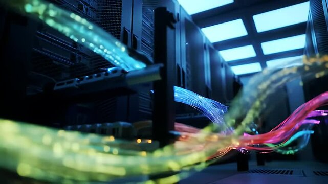 Data Center with Fiber Optic Cables Connecting Servers in a Dark Blue Environment