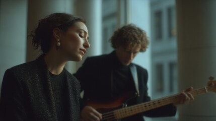 A contemplative musical performance by two musicians.