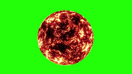 Loop animation of a lava-like planet rotating on a vibrant green screen background. Ideal for use in compositing, VFX, and educational science projects with chroma key editing.
