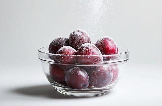Sugar powder falling on red plums in a glass bowl. - Powered by Adobe