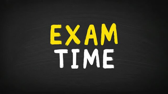 2D stop-motion animation of the phrase &ldquo;EXAM TIME&rdquo; appearing in hand-drawn style on a dark blackboard background. Ideal for educational videos, school-related content, academic promos, and learning pl