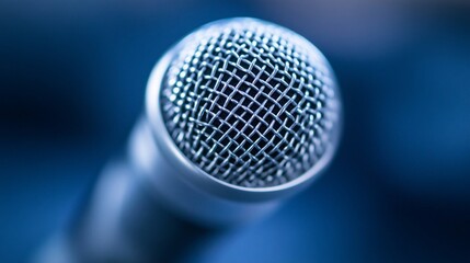 Close-up Shot of a Microphone on a Blue Background, Sound Equipment for Public Speaking and Studio Recording