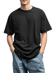 asian male model wearing a black boxy heavyweight cotton blank oversize t shirt, baggy blue jeans, clothing mockup