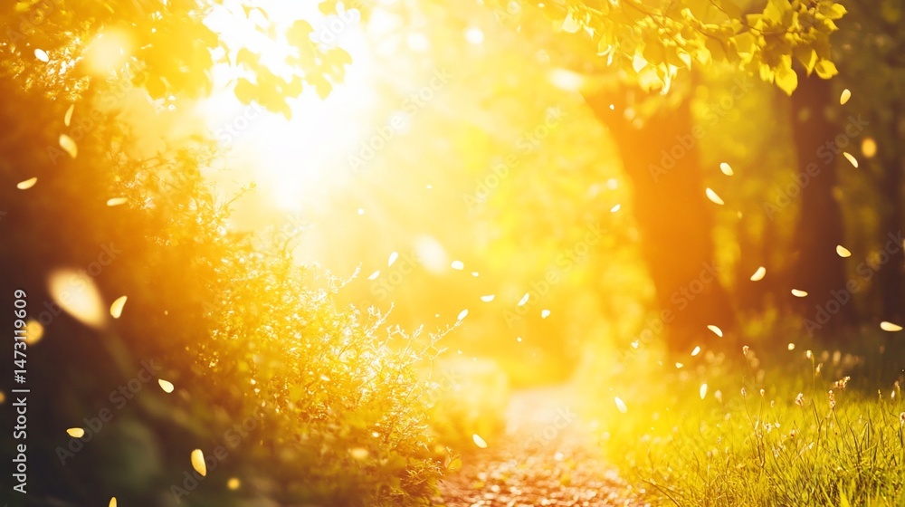 Poster sunlit path in a forest with falling leaves.