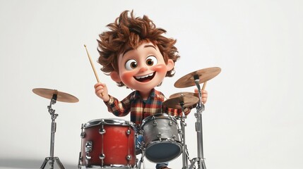 Fototapeta premium Joyful cartoon boy playing drums.