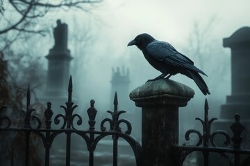 Raven perched on cemetery fence post