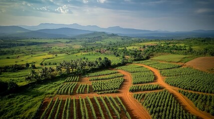 Fototapeta premium Aerial View of Lush Green Agricultural Fields with Distant Mountains