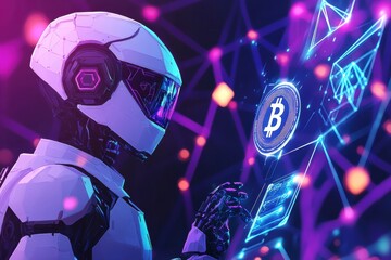 Humanoid robot engages with digital currency and blockchain elements in a futuristic setting designed for technology enthusiasts