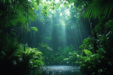 Obraz premium River flowing through lush jungle, surrounded by green foliage.