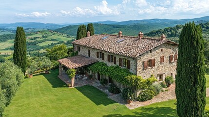 Panoramic view of a stone villa nestled in a Tuscan landscape.
