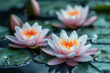 pink water lilies in a pond.