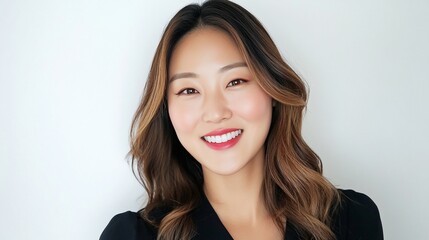 Fototapeta premium Portrait of a Smiling Asian Woman with Perfect Teeth, Radiant Complexion and Brown Wavy Hair against a Clean White Background