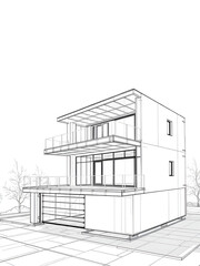 Sketch design and drafting of wireframe of building a modern house becoming real. 3d illustration, Digital project visualization.