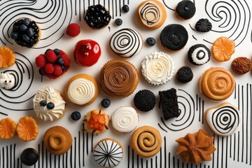 Colorful and decorative assortment of miniature pastries, beautifully arranged on a white surface with intricate black and white patterns.  Various flavors and fillings are showcased