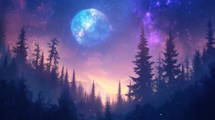 Fototapeta premium Mystical lunar glow illuminates a tranquil forest at twilight backdrop