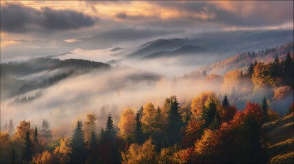 Obraz premium Autumn mountain landscape misty fog rising sunrise forest below painted golden fiery autumn color soft sunlight filtering through cloud creating serene breathtaking view cut out isolated transparent