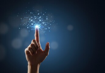 Hand touching a glowing data network on a dark blue background