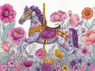 A colorful carousel horse amidst a field of flowers.