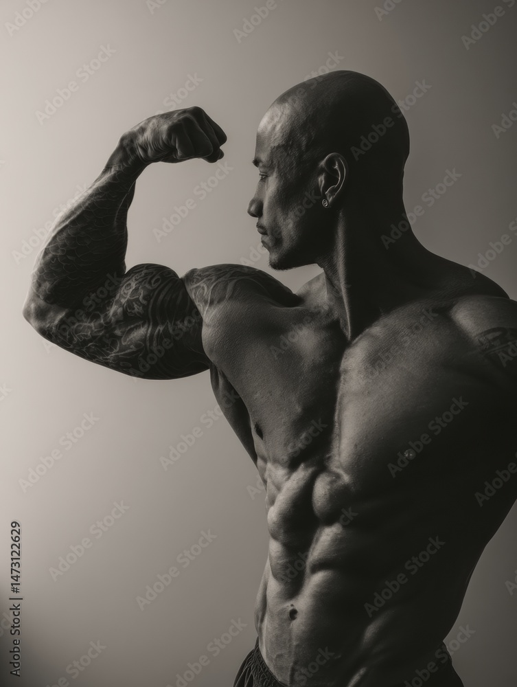 Poster Triceps Flexing Captured in Black and White Studio Setting With Faded Wall Background