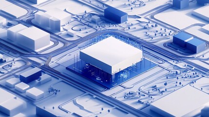 Abstract futuristic city with central data hub rendered in monochrome