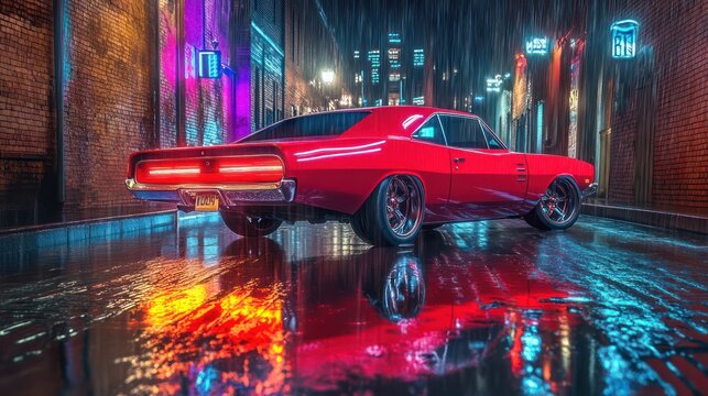 Fototapeta Red vintage car in night city reflection