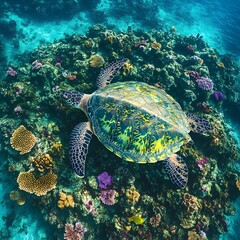 Obraz premium Sea turtle on vibrant coral reef