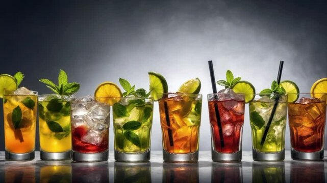 Colorful cocktails garnished with mint, lime, and lemon slices on a bar counter
