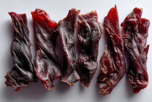 Dried Meat Strips for Snacking, Healthy Protein Source, Natural Snack Food for Outdoor Adventures or Daily Energy Boost, Isolated on White Background