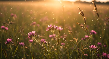 Obraz premium Pink Flower in Field at Sunset