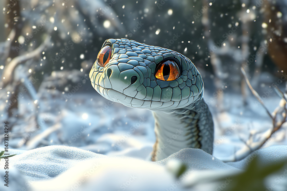 Poster a close-up of a vibrant snake in a snowy forest, with soft snowfall creating a serene atmosphere