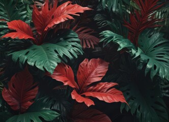 Deep emerald & crimson tropical leaves, shadows & rich textures , macro, emerald