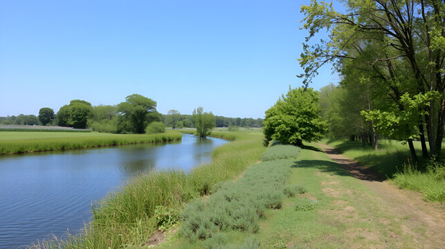Riparian buffer zone with green trees along calm waterway, showing natural vegetated area that protects water and enhances landscape with lush greenery and peaceful environment